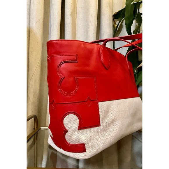 ♦️♦️ AUTHENTIC TORY BURCH RED AND CANVAS SHOULDER BAG/TOTE ♦️♦️ - Picture 5 of 8